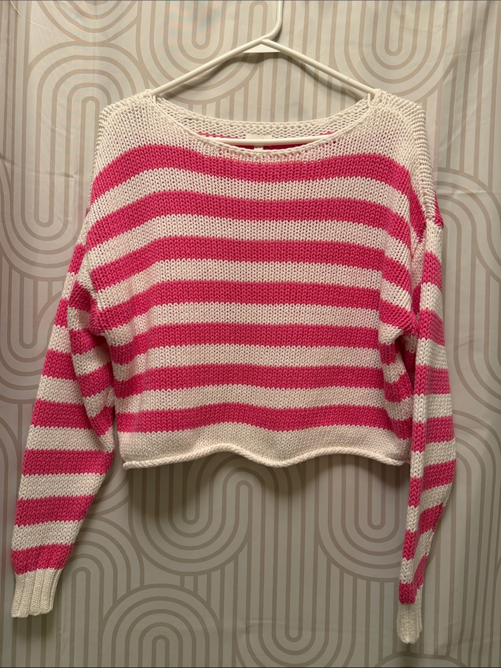 Aerie sz XS Oversize White & Pink Striped Cropped Sweater rolled hem SO CUTE
